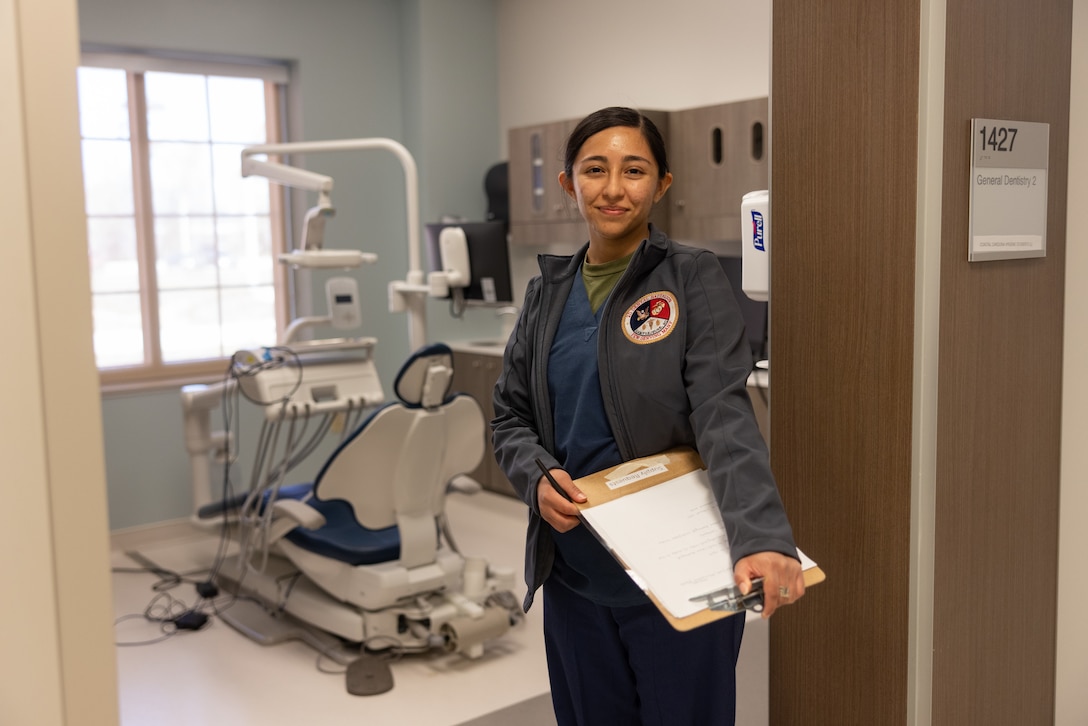 U.S. Navy Hospital Corpsman 2nd Class Alejandra Deleon with 2nd Dental Battalion, 2nd Marine Logistics Group, II Marine Expeditionary Force, and a native of Houston, Texas, poses for a portrait on Camp Lejeune, North Carolina, March 19, 2024. Each week, 2nd MLG recognizes one outstanding Marine or Sailor that goes above and beyond in their duties and embodies the qualities of an outstanding service member. Deleon is responsible for assisting the Coastal Carolina Hygiene Student program, where she facilitated orientation, coordinated workspaces, and scheduled patients for 41 students helping them become future hygienists. Transferring from her past unit to 2nd Dental Battalion, Deleon felt she had big shoes to fill, she said, “coming here as a newly ranked E-5, expectations here were a bit high,” instead of letting that get in her way, her advice to overcome that challenge was to “ask for help, don’t procrastinate, and keep a positive attitude.” (U.S. Marine Corps photo by Cpl. Mary Kohlmann)