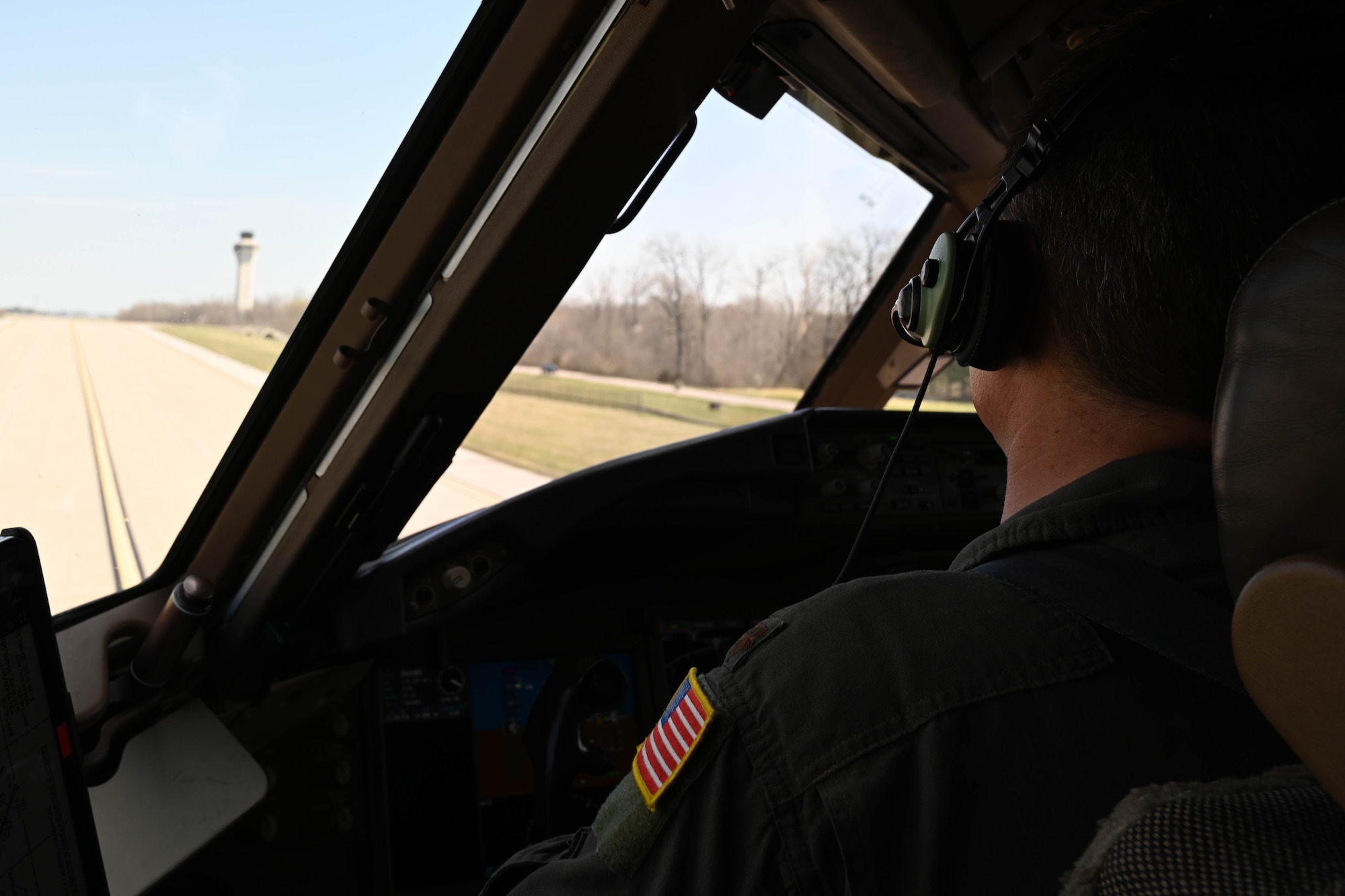 U.S. Air Force Maj. Matthew Slaughter, 730th Air Mobility Training Squadron (AMTS) instructor pilot, taxis a KC-46 Pegasus during Combat Cardinal 2024 at Scott Air Force Base, Illinois, March 13, 2024. An aircrew from the 56th Air Refueling Squadron supported Airmen from the 375th Air Mobility Wing during their readiness exercise called “Combat Cardinal.” Airmen from the 56th Air Refueling Squadron, along with Airmen from the 730th AMTS, were able to provide support for the exercise, which tested critical readiness skills for the entire 375th AMW. (U.S. Air Force photo by Senior Airman Trenton Jancze)