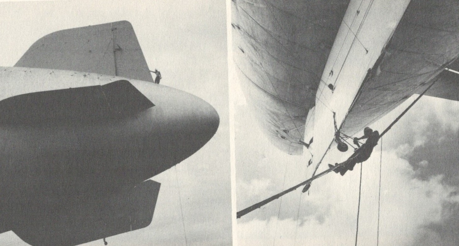 AR1 A. F. Trudeau checks the upper fin of K-130 (left) and replaces the tail wheel of the K-101 (right) dirigibles, circa 1944.