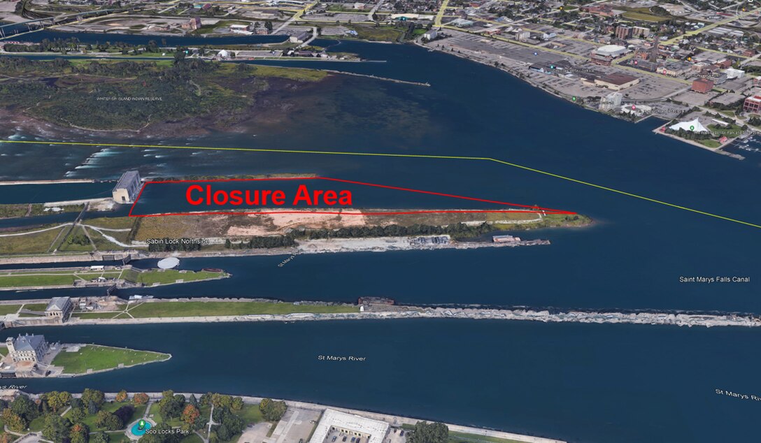 Aerial view of the Soo Locks facility showing the Hydro Plant tailrace closure area.