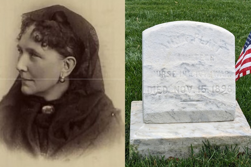 One photo shows the black and white portrait of a person wearing a head scarf; the second shows a small U.S. flag beside a headstone marked Anna Platt.