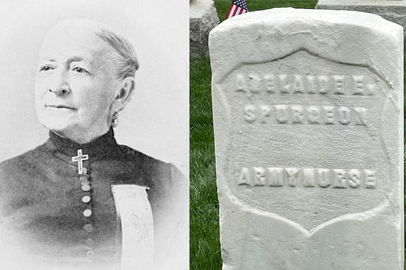 One photo shows the black and white portrait of a person; the second shows a headstone marked Adelaide Spurgeon.