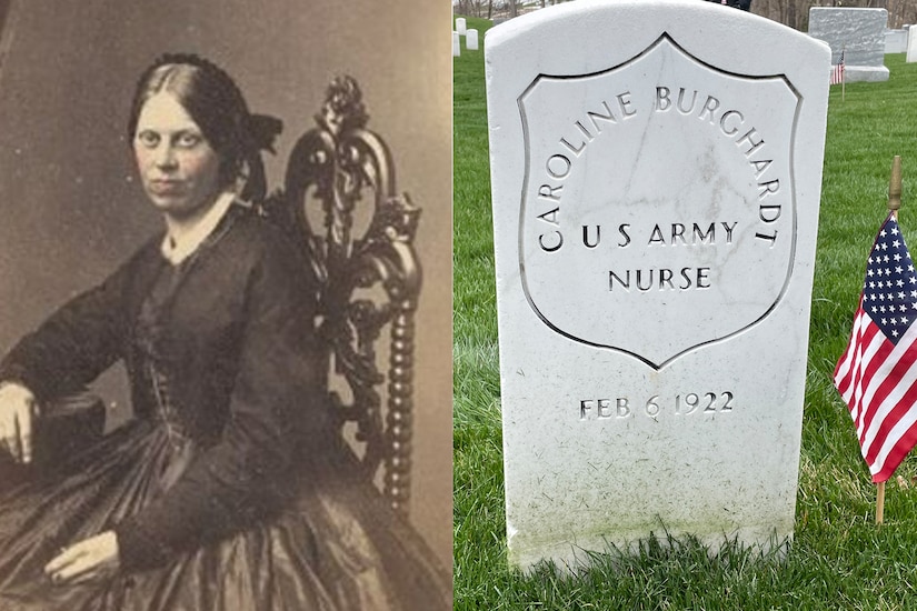 One photo shows the black and white portrait of a person; the second shows a headstone marked Caroline Burghardt.