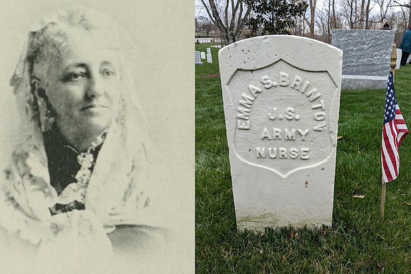One photo shows the portrait of a person wearing a head scarf; the second shows a headstone marked Emma S. Brinton.