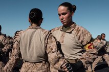 U.S. Marine Corps Recruit Amanda Rigby, with Fox Company, 2nd Recruit Training Battalion, executes Marine Corps Martial Arts Program techniques during a training event at Marine Corps Recruit Depot San Diego, California, March 18, 2024. MCMAP aims to strengthen the mental and moral resiliency of individual recruits and Marines through realistic combative training, warrior ethos studies, and physical hardening. (U.S. Marine Corps photo by Cpl. Alexander O. Devereux)