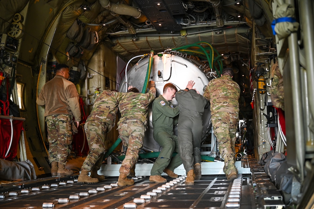 The 910th Airlift Wing’s unique electronic modular aerial spray system is loaded onto a C-130J-30 Super Hercules aircraft from Keesler Air Force Base, Mississippi, visiting Youngstown Air Reserve Station, Ohio, on March 21, 2024.