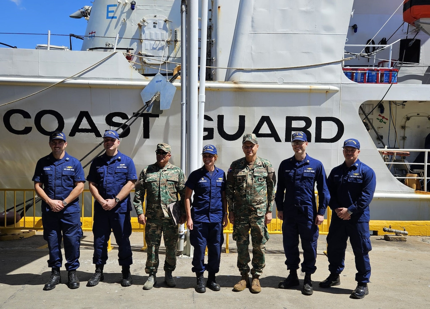 The U.S. Coast Guard Cutter Venturous (WMEC 625) command hosts the Dominican Republic navy commandant and director of operations during their Santo Domingo, Dominican Republic port call, Feb. 22, 2024. During this engagement, the Venturous command discussed capabilities, training, and partnerships in the region.