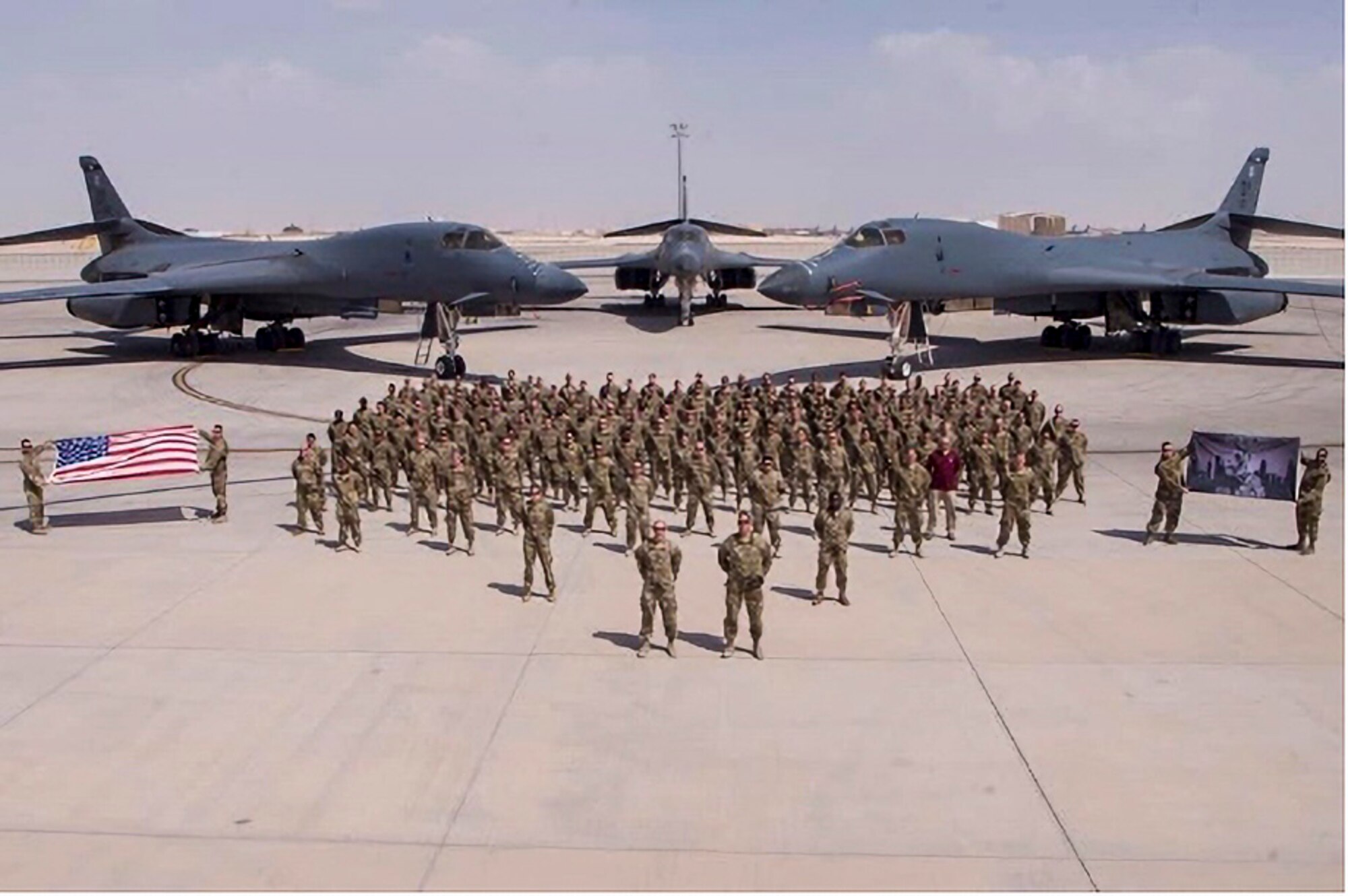 The U.S. Air Force 379th Expeditionary Maintenance Group poses for a group photo during Operation Freedom Sentinel and Operation Inherent Resolve at Al Udeid Air Base, Qatar, 2019.