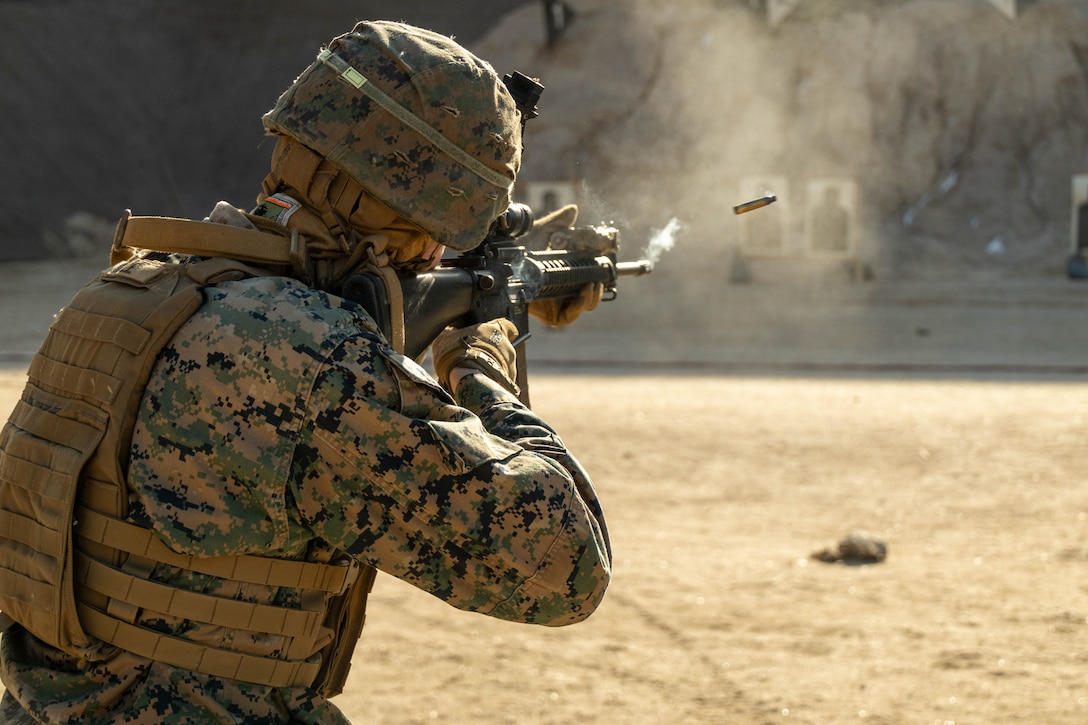 U.S. Marine Corp Lance Cpl. Cian Doyle, a combat engineer with 9th Engineer Support Battalion, 3rd Marine Logistics Group, engages targets during a live-fire table 3-6 range at Mohican Range, Rodriguez Live Fire Complex, South Korea, Mar. 1, 2024. 9th ESB conducted the live-fire training to sustain tactical proficiency and combat marksmanship skills in a wide range of scenarios. Warrior Shield 24 is an annual joint, combined, exercise in South Korea that strengthens the combined defensive capabilities of ROK-U.S. Forces. This routine, regularly scheduled, field training exercise provides the ROK-U.S. Marines the opportunity to rehearse combined operations, exchange knowledge, and demonstrate the strength and capability of the ROK-U.S. Alliance. Doyle is a native of Texas. (U.S. Marine Corps photo by Lance Cpl. Federico Marquez