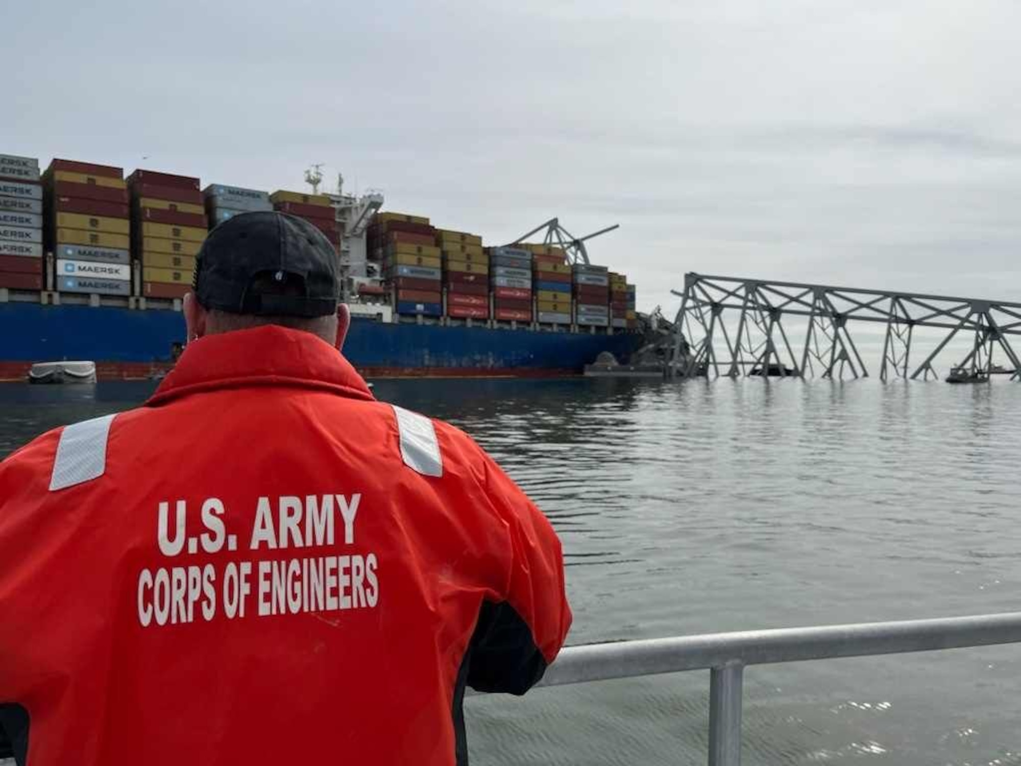 U.S. Army Corps of Engineers staff onboard Hydrographic Survey Vessel CATLETT observe the damage resulting from the collapse of the Francis Scott Key Bridge in Baltimore, March 26, 2024. In accordance with USACE’s federal authorities, USACE will lead the effort to clear the channel as part of the larger interagency recovery effort to restore operations at the Port of Baltimore.