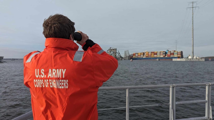 U.S. Army Corps of Engineers staff onboard Hydrographic Survey Vessel CATLETT observe the damage resulting from the collapse of the Francis Scott Key Bridge in Baltimore, March 26, 2024. In accordance with USACE’s federal authorities, USACE will lead the effort to clear the channel as part of the larger interagency recovery effort to restore operations at the Port of Baltimore.