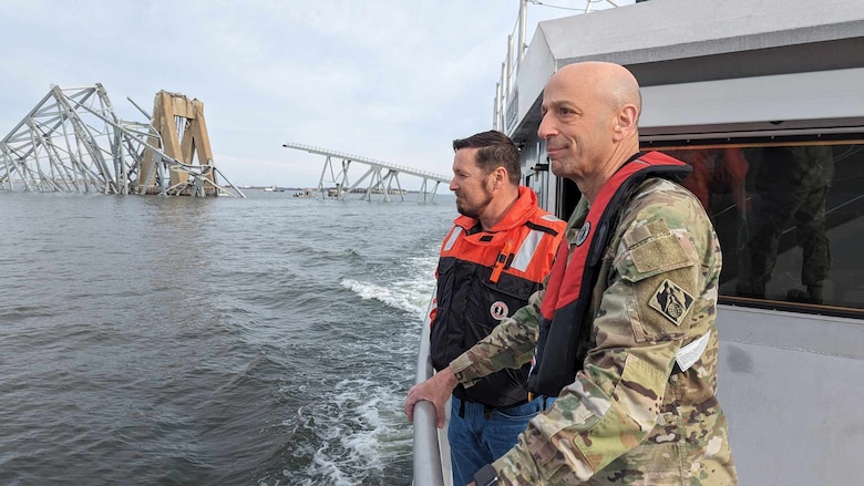 USACE Chief of Engineers Lt. Gen. Scott Spellmon views damage of the fallen Frances Scott Key Bridge that collapsed in Baltimore, March 26, 2024. In accordance with USACE’s federal authorities, USACE will lead the effort to clear the channel as part of the larger interagency recovery effort to restore operations at the Port of Baltimore.