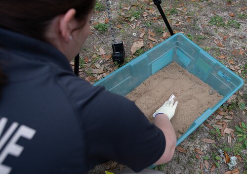 lab analyst, prepares evidence of a set of mock footprints