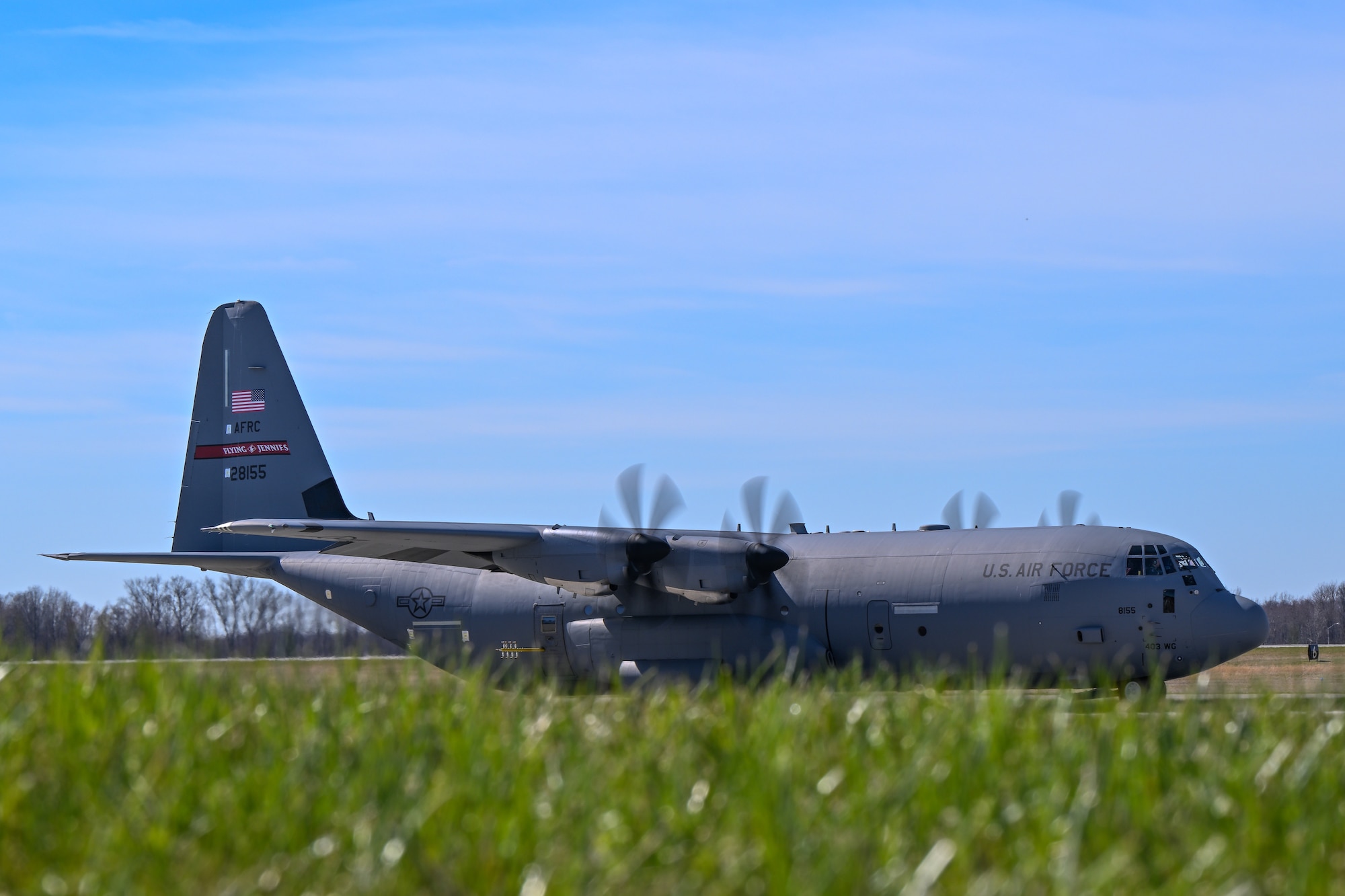 A C-130J-30 Super Hercules aircraft from Keesler Air Force Base, Mississippi, taxis to the runway at Youngstown Air Reserve Station, Ohio, as part of a flight test of the 910th Airlift Wing's unique electronic modular aerial spray system, March 25, 2024.