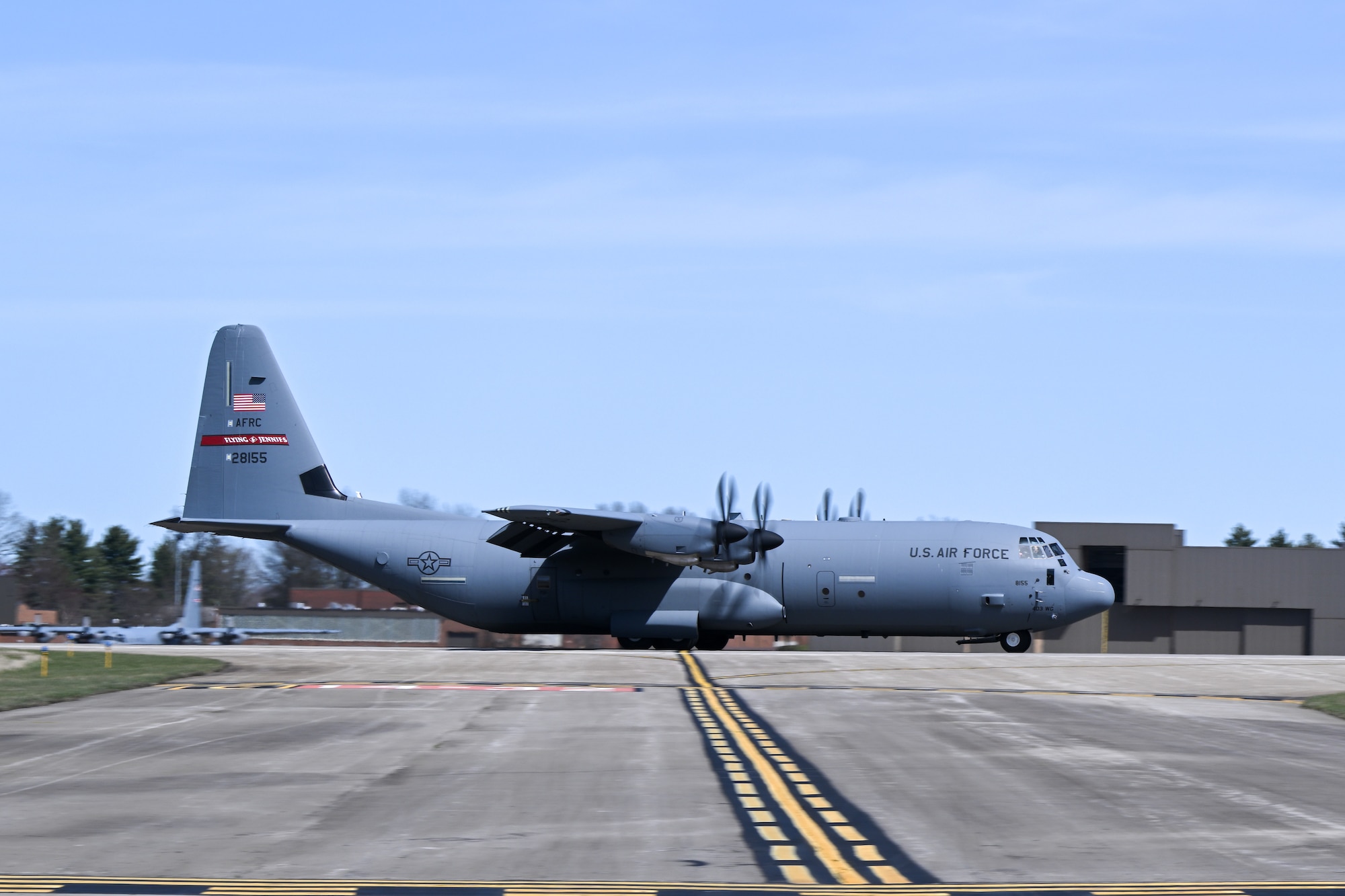 A C-130J-30 Super Hercules aircraft from Keesler Air Force Base, Mississippi, lands at Youngstown Air Reserve Station, Ohio, as part of a flight test of the 910th Airlift Wing's unique electronic modular aerial spray system, March 25, 2024.