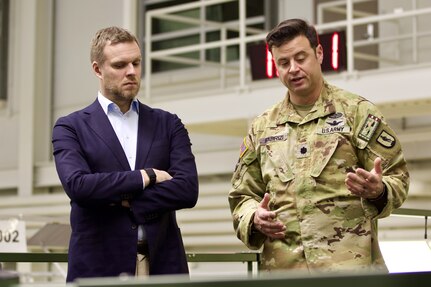 U.S. Soldiers with the Pennsylvania National Guard host a delegation that includes Lithuania Foreign Minister, Gabrielius Landsbergis, and Lithuania Ambassador to the United States, Audra Plepytė, during a visit to Fort Indiantown Gap, Pennsylvania, March 23, 2024. Maj. Gen. James McCormack, Assistant Adjutant General, and Maj. Alex Stewart, State Partnership Program director, gave the delegation a tour that included the Training Support Center, live fire ranges and the Eastern Army National Guard Aviation Training Site at Muir Army Heliport. (U.S. Army National Guard photo by Maj. Travis Mueller)
