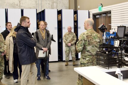 U.S. Soldiers with the Pennsylvania National Guard host a delegation that includes Lithuania Foreign Minister, Gabrielius Landsbergis, and Lithuania Ambassador to the United States, Audra Plepytė, during a visit to Fort Indiantown Gap, Pennsylvania, March 23, 2024. Maj. Gen. James McCormack, Assistant Adjutant General, and Maj. Alex Stewart, State Partnership Program director, gave the delegation a tour that included the Training Support Center, live fire ranges and the Eastern Army National Guard Aviation Training Site at Muir Army Heliport. (U.S. Army National Guard photo by Maj. Travis Mueller)