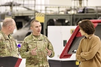 U.S. Soldiers with the Pennsylvania National Guard host a delegation that includes Lithuania Foreign Minister, Gabrielius Landsbergis, and Lithuania Ambassador to the United States, Audra Plepytė, during a visit to Fort Indiantown Gap, Pennsylvania, March 23, 2024. Maj. Gen. James McCormack, Assistant Adjutant General, and Maj. Alex Stewart, State Partnership Program director, gave the delegation a tour that included the Training Support Center, live fire ranges and the Eastern Army National Guard Aviation Training Site at Muir Army Heliport. (U.S. Army National Guard photo by Maj. Travis Mueller)