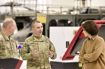 U.S. Soldiers with the Pennsylvania National Guard host a delegation that includes Lithuania Foreign Minister, Gabrielius Landsbergis, and Lithuania Ambassador to the United States, Audra Plepytė, during a visit to Fort Indiantown Gap, Pennsylvania, March 23, 2024. Maj. Gen. James McCormack, Assistant Adjutant General, and Maj. Alex Stewart, State Partnership Program director, gave the delegation a tour that included the Training Support Center, live fire ranges and the Eastern Army National Guard Aviation Training Site at Muir Army Heliport. (U.S. Army National Guard photo by Maj. Travis Mueller)