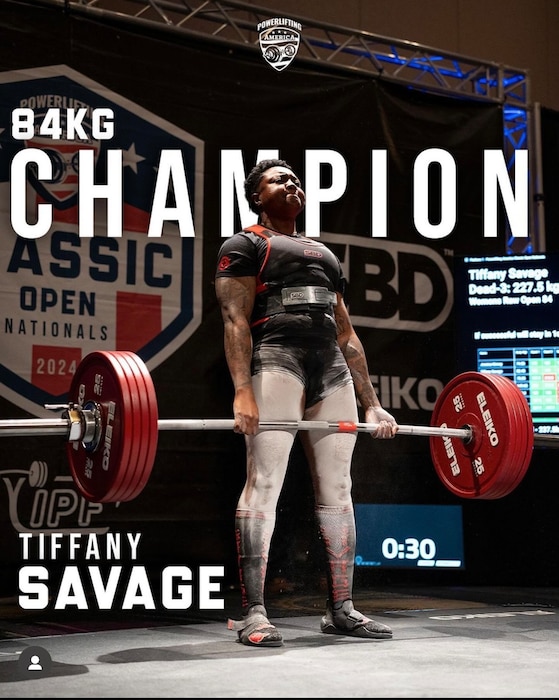 Tech Sgt. Tiffany Savage, Non-Commissioned Officer in Charge of Medical Readiness, 61st Medical Squadron is shown deadlifting 502 pounds at the 2024 Powerlifting America Nationals.