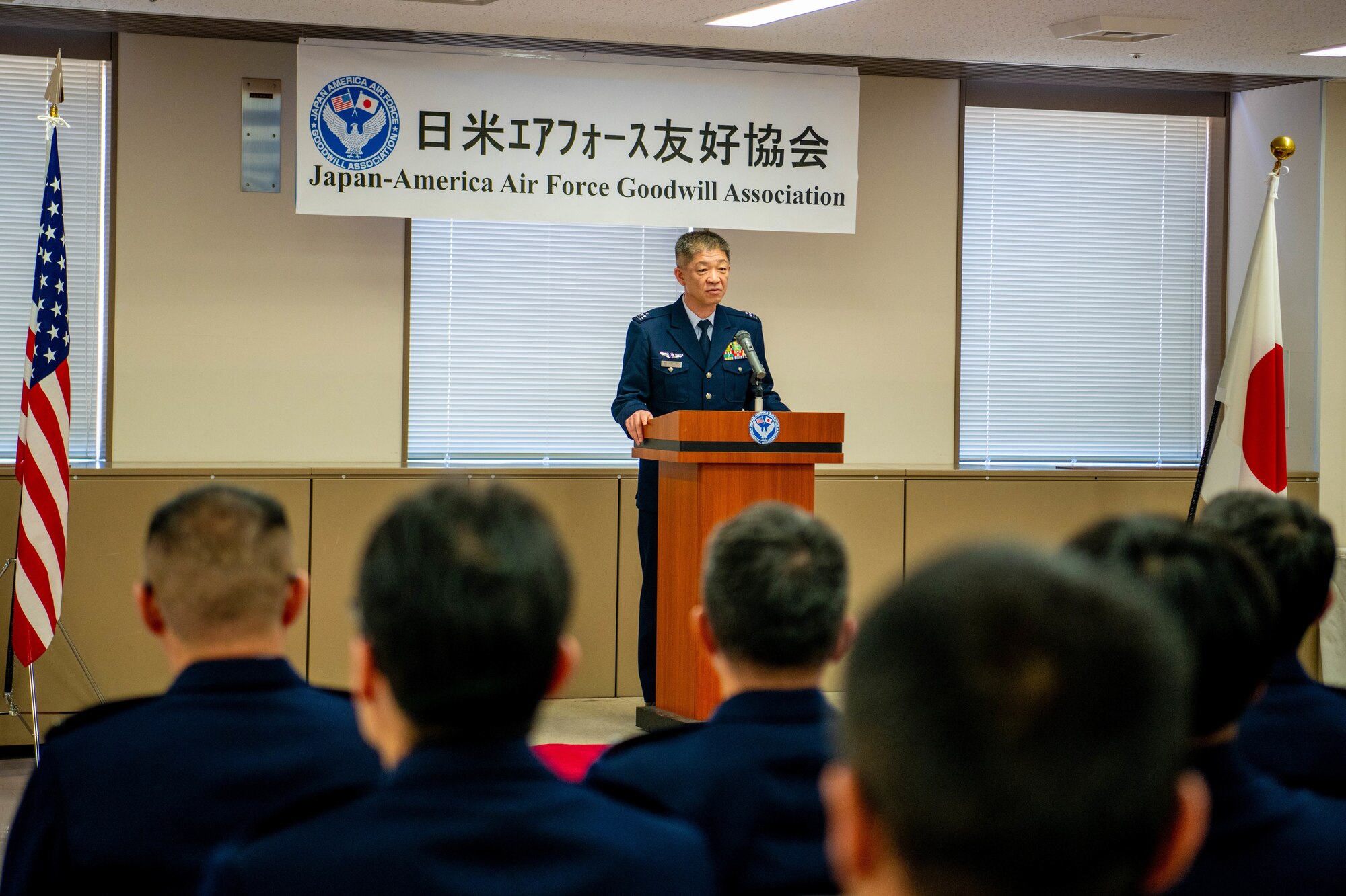 Japan Air Self-Defense Force Col. Hiroyuki Ishii, Operations Support Wing commander, gives remarks.