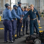 240319-N-LD903-1023

TEMA, GHANA (March 19, 2024) U.S. Navy Senior Chief Aviation Boatswain’s Mate (Fuels) Mairena Hamilton greets Ghana Navy Sailors preparing to embark aboard the Expeditionary Sea Base USS Hershel “Woody” Williams (ESB 4). Hershel “Woody” Williams is on a scheduled deployment in the U.S. Naval Forces Africa area of operations, employed by U.S. Sixth Fleet to defend U.S., Allied and partner interests. (U.S. Navy photo by Mass Communication Specialist 2nd Class Ethan Jaymes Morrow)