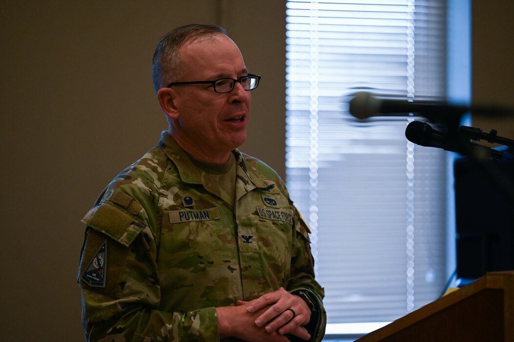 U.S. Space Force Col. Christopher Putman, U.S. Space Forces Central commander, delivers remarks during an activation and assumption of command ceremony at an undisclosed location within the U.S. Central Command area of responsibility, March 12, 2024.