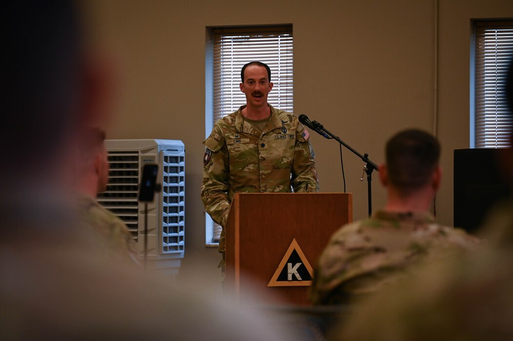 U.S. Space Force Lt. Col. Deane Lake, U.S. Space Forces Central combat detachment 3-1 commander, delivers remarks during an activation and his assumption of command ceremony at an undisclosed location within the U.S. Central Command area of responsibility, March 12, 2024.