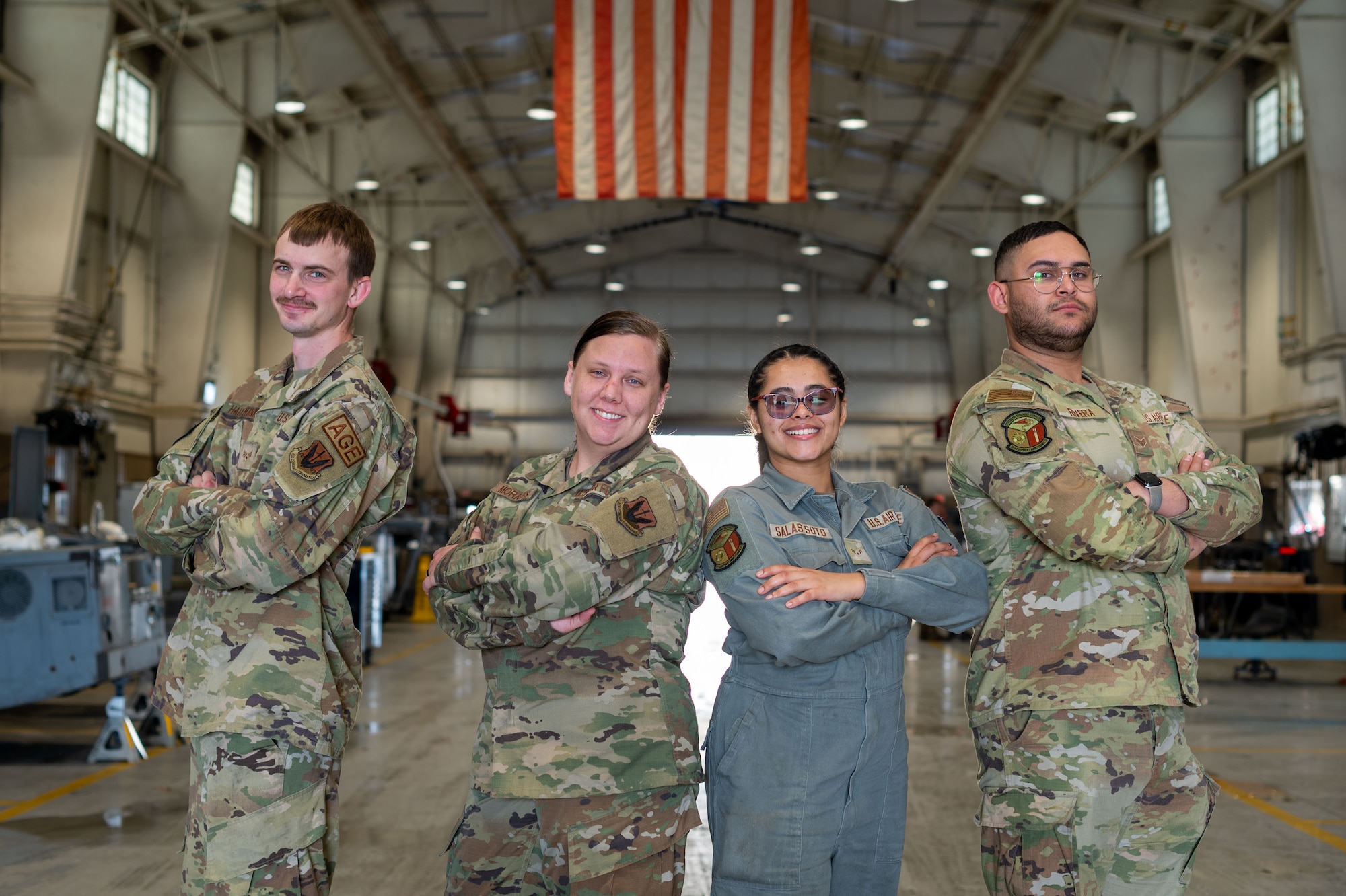 U.S. Airmen assigned to the 20th Equipment Maintenance Squadron aerospace ground equipment flight pose for a portrait at Shaw Air Force Base, S.C., March 6, 2024. Making auxiliary equipment like generators and nitrogen compressors readily available for aircraft maintainers ensures they can complete their mission safely and effectively. (U.S. Air Force photo by Airman 1st Class Kyrii Richardson)