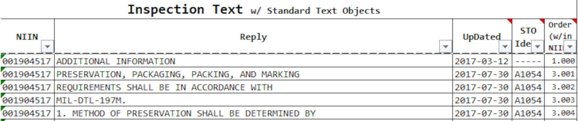 Example of Inspection Text with Standard Text Objects in excel spreadsheet format.