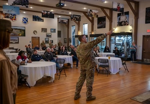 U.S. Air Force Col. Ben Rudolphi, 23rd Wing deputy commander, gives a brief to the Leadership Lowndes class of 2024 at Moody Air Force Base, Georgia, March 21, 2024. Leadership Lowndes is a program focused on education, community outreach and partnership opportunities. (U.S. Air Force photo by Airman 1st Class Leonid Soubbotine)