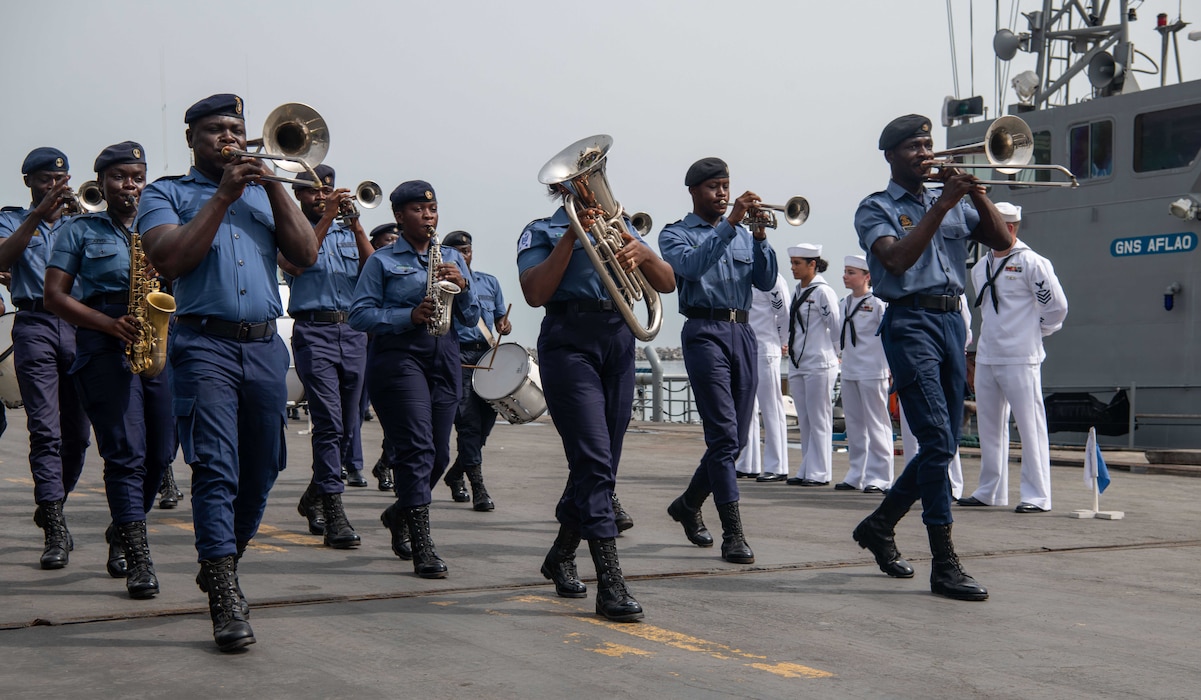 A Ghana navy marching band performs during a flagging-off ceremony for Ghana navy ships GNS Volta (P.40) and GNS Ankobra (P.43).