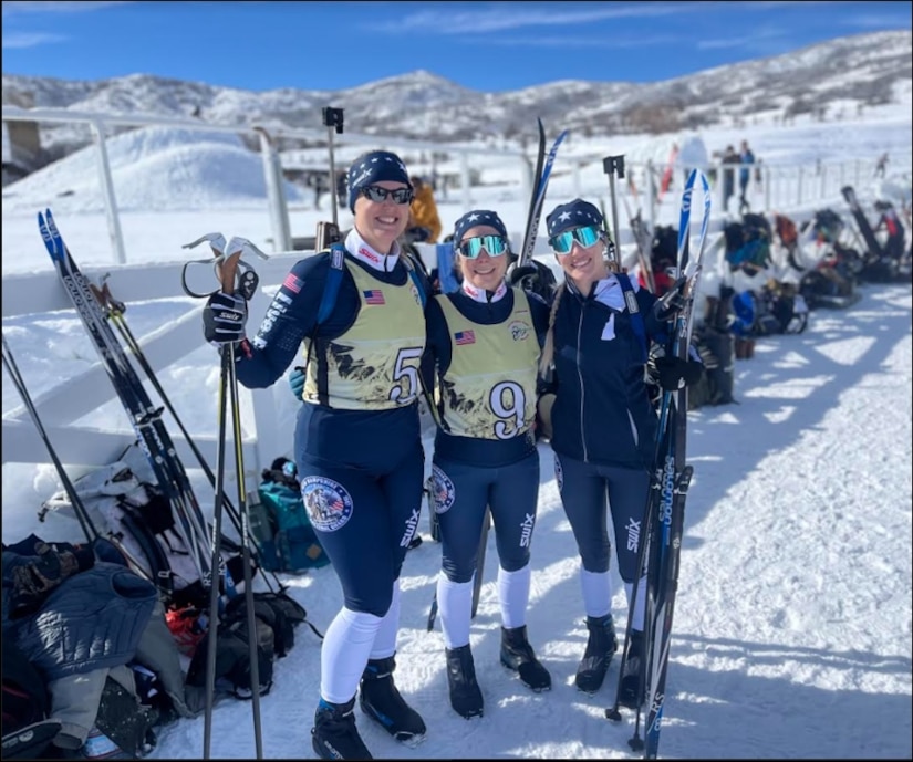 From left to right: Warrant Officer Candidate Naomi Connelly, Capt. Pamela Donley, and Staff Sergeant Marissa Urban pose for a photo during the 48th Annual Chief, National Guard Bureau Biathlon Championships held at Soldier Hollow Nordic Center, Midway, Utah. For the first time in New Hampshire National Guard history, the three NH women competed as a full team during the competition, held from February 17-21, 2024. This event pitted Guardsmen from across the United States and Territories in a challenging endurance sport that combines the disciplines of heart-pounding cross-country skiing with the demands of precision rifle shooting.