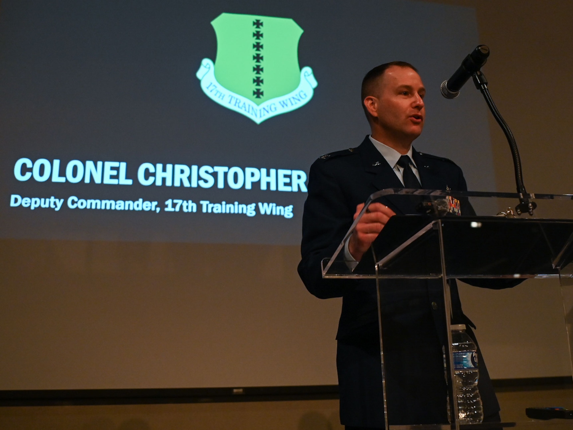 U.S. Air Force Col. Christopher Corbett, 17th Training Wing deputy commander, speaks at the San Angelo Chamber of Commerce State of Goodfellow luncheon at the McNease Convention Center, San Angelo, Texas, Mar. 19, 2024. Corbett’s visit presented an opportunity to inform civic leaders about the state of Goodfellow and highlight the good relationship with the San Angelo community. (U.S. Air Force photo by Airman 1st Class Evelyn J. D’Errico)