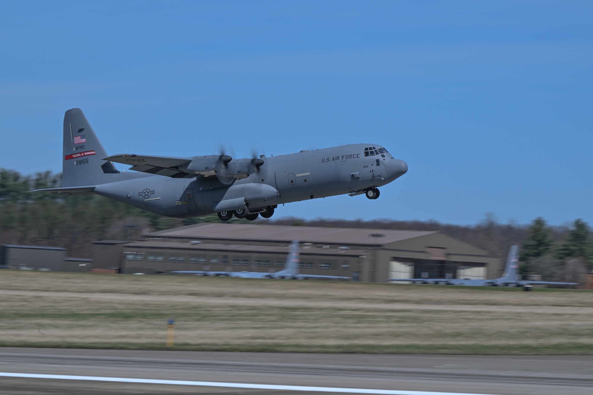 A C-130J-30 Super Hercules aircraft from Keesler Air Force Base, Mississippi, takes off at Youngstown Air Reserve Station, Ohio, as part of a flight test of the 910th Airlift Wing's unique electronic modular aerial spray system, March 25, 2024.
