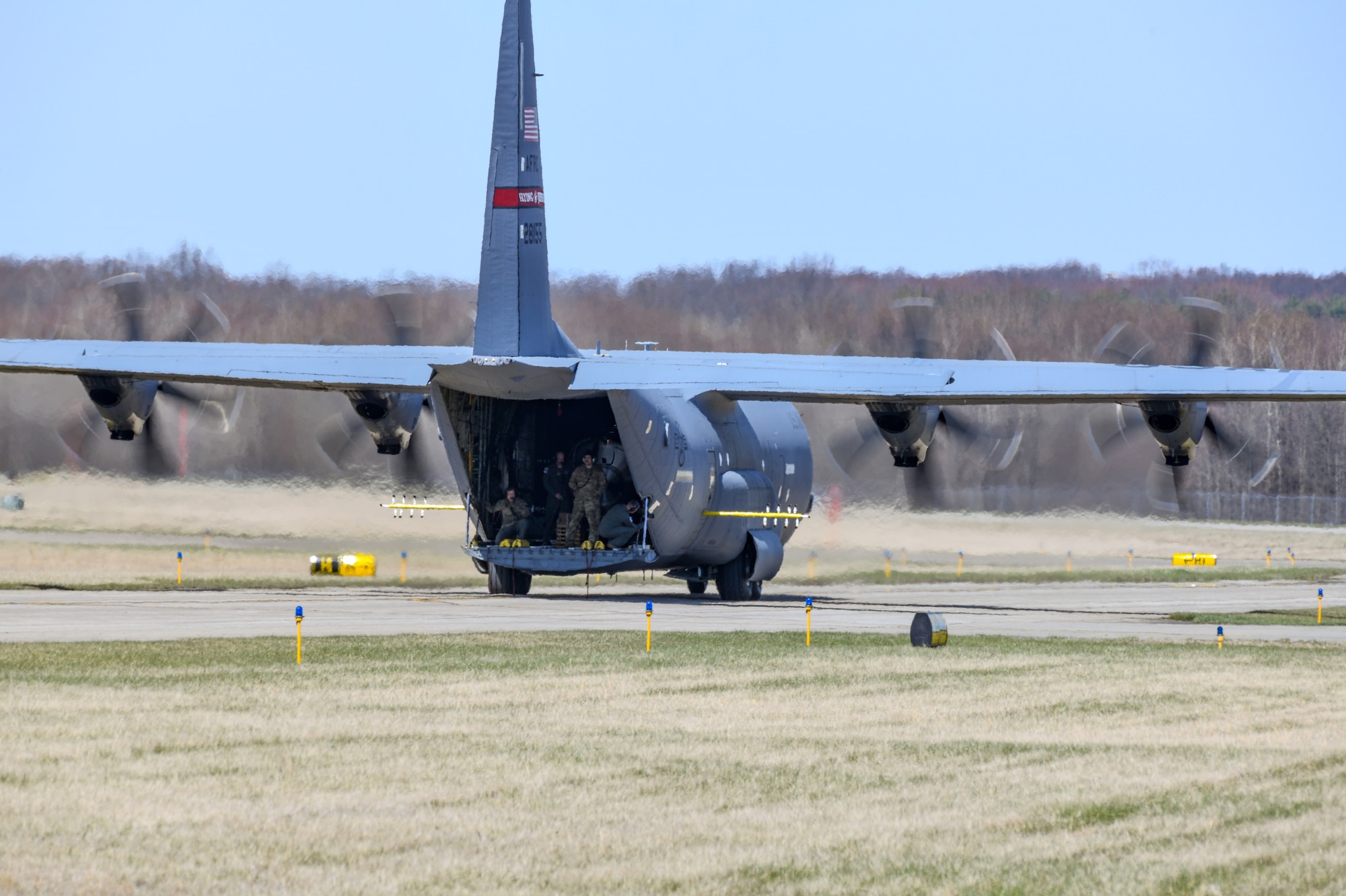 A C-130J-30 Super Hercules aircraft from Keesler Air Force Base, Mississippi, taxis back to the ramp at Youngstown Air Reserve Station, Ohio, after a flight test of the 910th Airlift Wing's unique electronic modular aerial spray system, March 25, 2024.