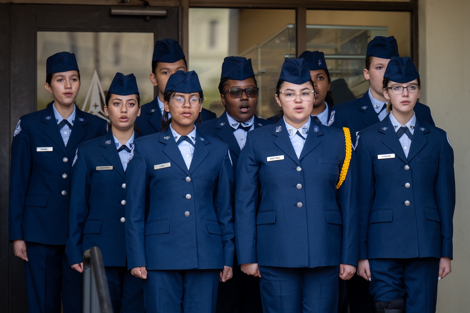 Members of Randolph High School’s Air Force Junior Reserve Officer Training Corps Saber Team perform the national anthem at the Air Force Recruiting Annual Operation Blue Suit Arrival Ceremony March 19, 2024, on Joint Base San Antonio-Randolph, Texas