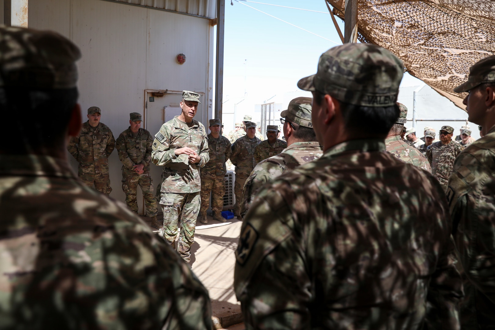 Army Gen. Daniel Hokanson, chief, National Guard Bureau, and SEA Tony Whitehead, senior enlisted advisor to the CNGB, visit National Guardsmen deployed within the U.S. Central Command area of responsibility March 15, 2024.