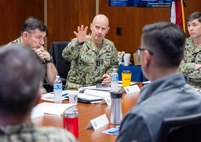 Vice Chief of Naval Operations Adm. Jim Kilby meets with Puget Sound Naval Shipyard & Intermediate Maintenance Facility senior leaders in the Code 100 Conference Room, March 22, 2024, to discuss ways to enhance Quality of Life/Quality of Service, Medical/Mental healthcare, Limited Duty for employees at PSNS & IMF, in Bremerton, Washington. The VCNO also observed operations inside Building 431 and Dry Docks 3, 5 and 6 during his visit. (U.S Navy photo by Wendy Hallmark)