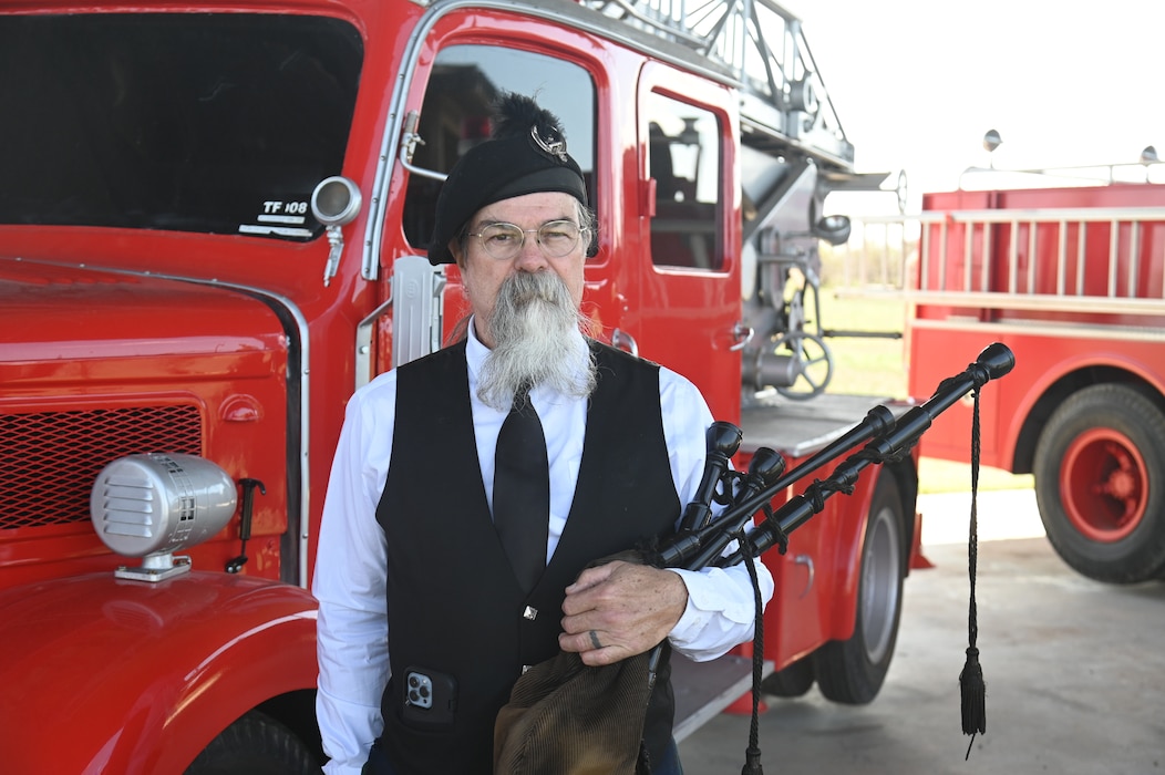 Christopher Morgan, former education director at Fort Concho, plays “Amazing Grace” with a bagpipe at the annual Department of Defense Fallen Firefighter Memorial following the firefighters’ final call at Goodfellow Air Force Base, Texas, March 22, 2024. The final call is signified by the ringing of a bell, a tradition that harks back to the earliest days of firefighting tradition, where a bell is rung to signify the beginning and end of a call. (U.S. Air Force photo by Airman James Salellas)
