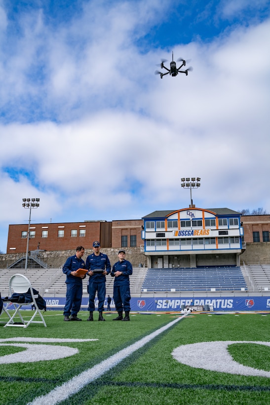 Students and instructors perform a flight test during a training course at the Coast Guard Academy, New London, Conn, Feb 21, 2023. The Coast Guard Short Ranged Unmanned Aerial Systems (SR-UAS) program is designed to create designated pilots and integrate drone capabilities into various missions. (U.S. Coast Guard photograph by Petty Officer 3rd Class Matt Thieme)