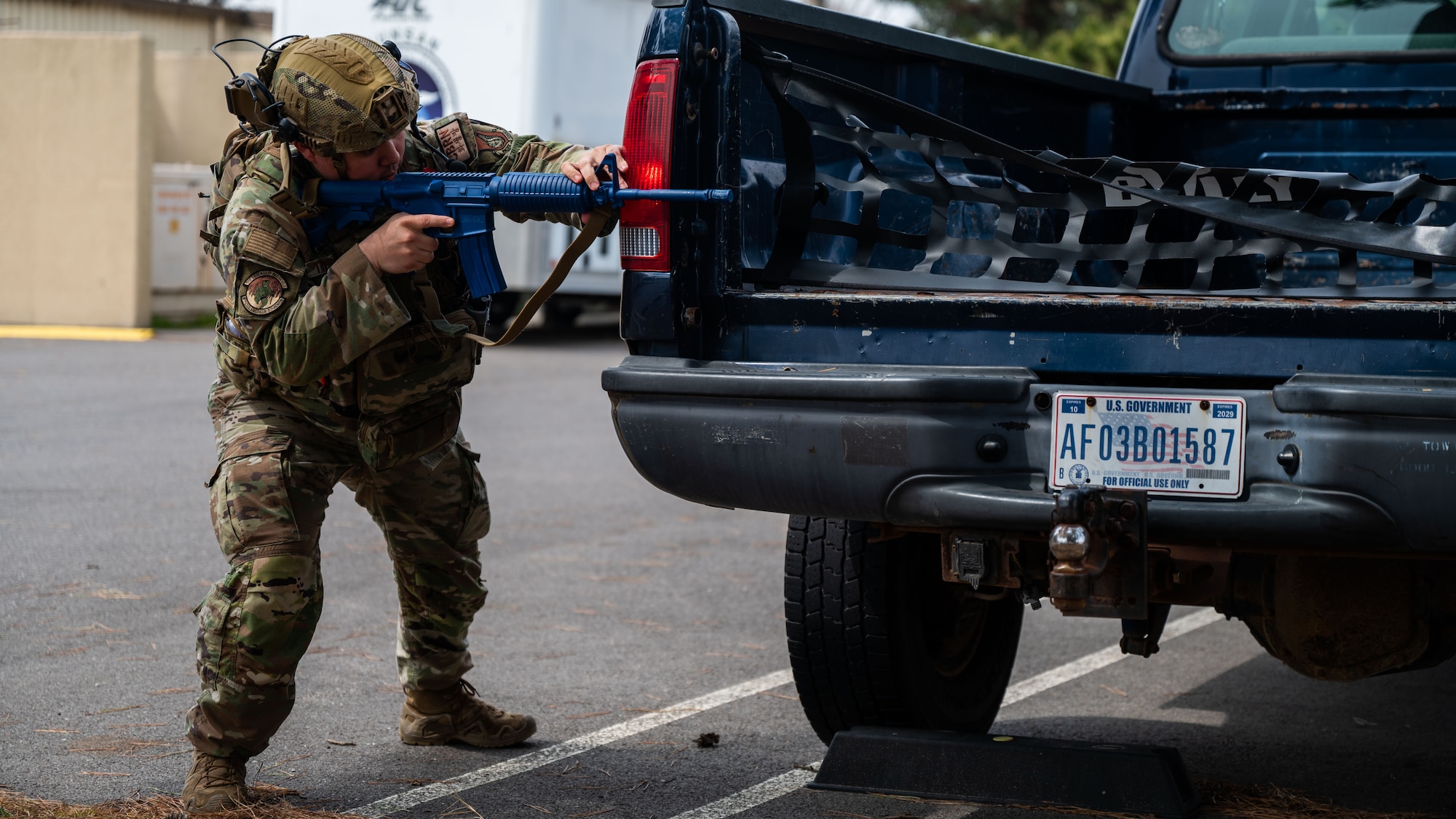 Staff Sgt. Alexander Trippet engages simulated oppositional forces during a ground attack exercise as part of Beverly Sentinel 24-1.