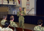 JOINT BASE SAN ANTONIO-FORT SAM HOUSTON – (March 25, 2024) – Rear Adm. Guido Valdes, commander, Naval Medical Forces Pacific (NMFP), held a townhall meeting at the Military and Family Readiness Center during his official visit to Naval Medical Research Unit (NAMRU) San Antonio. Valdes, who serves as the Chief of Navy Medical Corps, has oversight of 10 Navy Medicine Readiness and Training Commands on the West Coast and Pacific Rim as well as Navy Medicine's eight global research labs. Valdes also serves under the Defense Health Agency (DHA) as the director of the Defense Health Network Pacific Rim where he oversees the delivery and integration of healthcare at nine medical treatment facilities (MTF) on the West Coast and Pacific Rim. NAMRU San Antonio’s mission is to conduct gap driven combat casualty care, craniofacial, and directed energy research to improve survival, operational readiness, and safety of Department of Defense (DoD) personnel engaged in routine and expeditionary operations. It is one of the leading research and development laboratories for the U.S. Navy under the DoD and is one of eight subordinate research commands in the global network of laboratories operating under the Naval Medical Research Command in Silver Spring, Md. (U.S. Navy photo by Burrell Parmer, NAMRU San Antonio Public Affairs/Released)