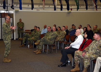 JOINT BASE SAN ANTONIO-FORT SAM HOUSTON – (March 25, 2024) – Rear Adm. Guido Valdes, commander, Naval Medical Forces Pacific (NMFP), held a townhall meeting at the Military and Family Readiness Center during his official visit to Naval Medical Research Unit (NAMRU) San Antonio. Valdes, who serves as the Chief of Navy Medical Corps, has oversight of 10 Navy Medicine Readiness and Training Commands on the West Coast and Pacific Rim as well as Navy Medicine's eight global research labs. Valdes also serves under the Defense Health Agency (DHA) as the director of the Defense Health Network Pacific Rim where he oversees the delivery and integration of healthcare at nine medical treatment facilities (MTF) on the West Coast and Pacific Rim. NAMRU San Antonio’s mission is to conduct gap driven combat casualty care, craniofacial, and directed energy research to improve survival, operational readiness, and safety of Department of Defense (DoD) personnel engaged in routine and expeditionary operations. It is one of the leading research and development laboratories for the U.S. Navy under the DoD and is one of eight subordinate research commands in the global network of laboratories operating under the Naval Medical Research Command in Silver Spring, Md. (U.S. Navy photo by Burrell Parmer, NAMRU San Antonio Public Affairs/Released)