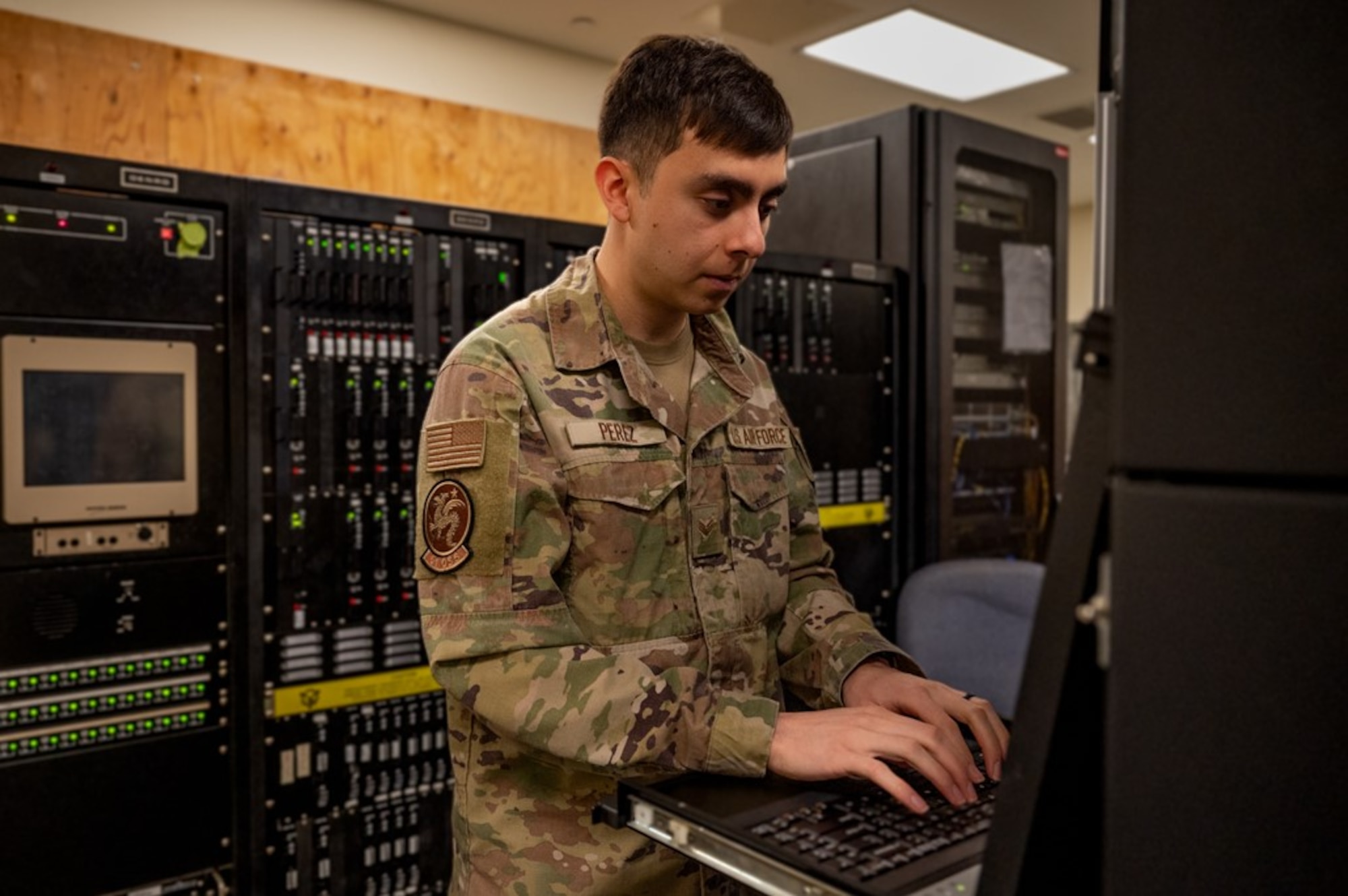 U.S. Air Force Senior Airman Fernando Perez, 51st Operations Support Squadron radar, airfield, and weather systems technician, performs a dailyinspection at Osan Air Base, Republic of Korea, March 26, 2024. Perez installs, maintains and repairs fixed and mobile air traffic control and landing systems, ensuring the 51st Fighter Wing remains ready to “Fight Tonight.” (U.S. Air Force photo by Senior Airman Brittany Russell)