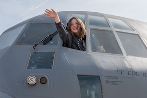 A Department of Defense Education Activity student tours a C-130J Super Hercules during a Fly Like a Girl event at Ramstein Air Base, Germany, March 20, 2024.