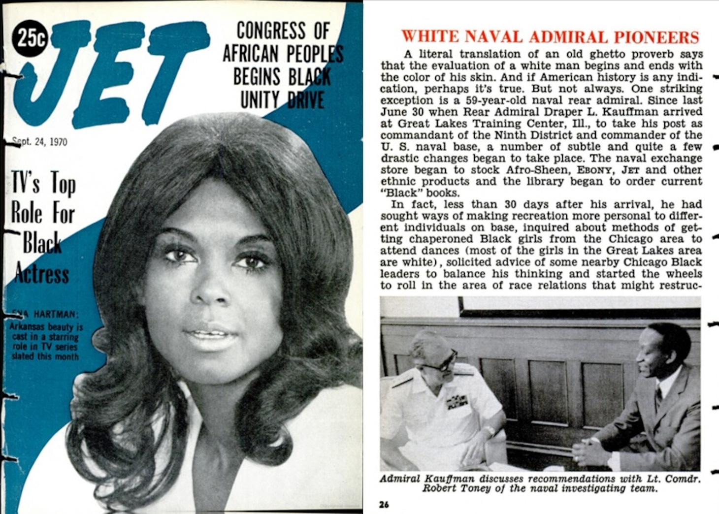 “White Naval Admiral Pioneers Race Relations at Great Lakes,” Jet (September 24, 1970), 26-29.