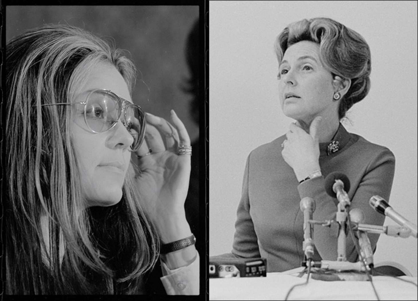 Gloria Steinem (left) at a Women’s Action Alliance news conference in 1972. Phyllis Schlafly (right) takes questions in Washington, DC in 1976. (Images courtesy Library of Congress)