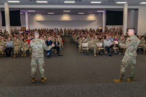 U.S. Air Force Col. Billy Pope, Jr., 81st Training Wing commander, speaks with Keesler personnel during the Commander’s All Call at Keesler Air Force Base, Mississippi, March 25, 2024. During the commander’s call, Pope discussed important updates and his shared vision for the Wing. (U.S. Air Force photo by Andrew Young)