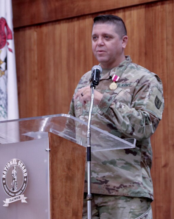 Lt. Col. Wyatt Bickett, of Smithton, officer-in-charge of the 129th Regiment (Regional Training Institute), thanks family, friends, and fellow Soldiers for their support throughout his 23 years of military service.